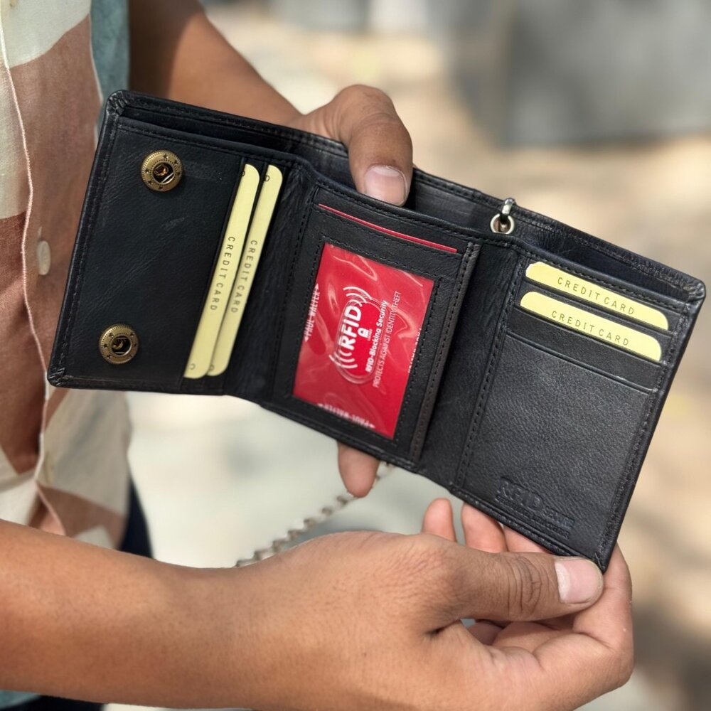 Genuine Leather Men's Black Trifold Biker Long Chain Wallet with RFID Protection